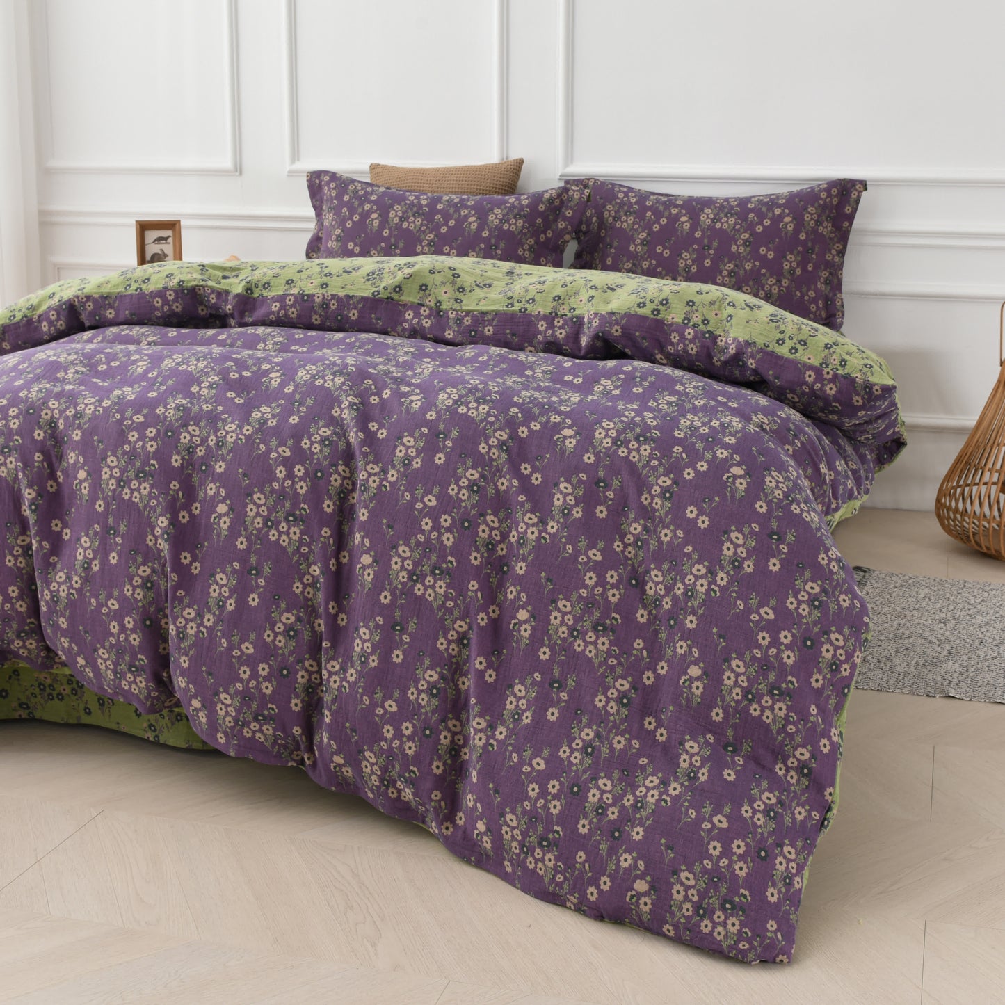 Parure de lit réversible en gaze de coton à motif floral (4 pièces)