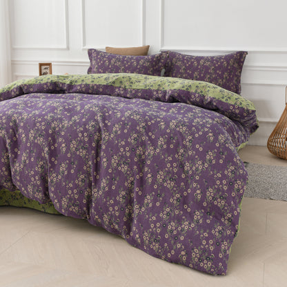 Parure de lit réversible en gaze de coton à motif floral (4 pièces)