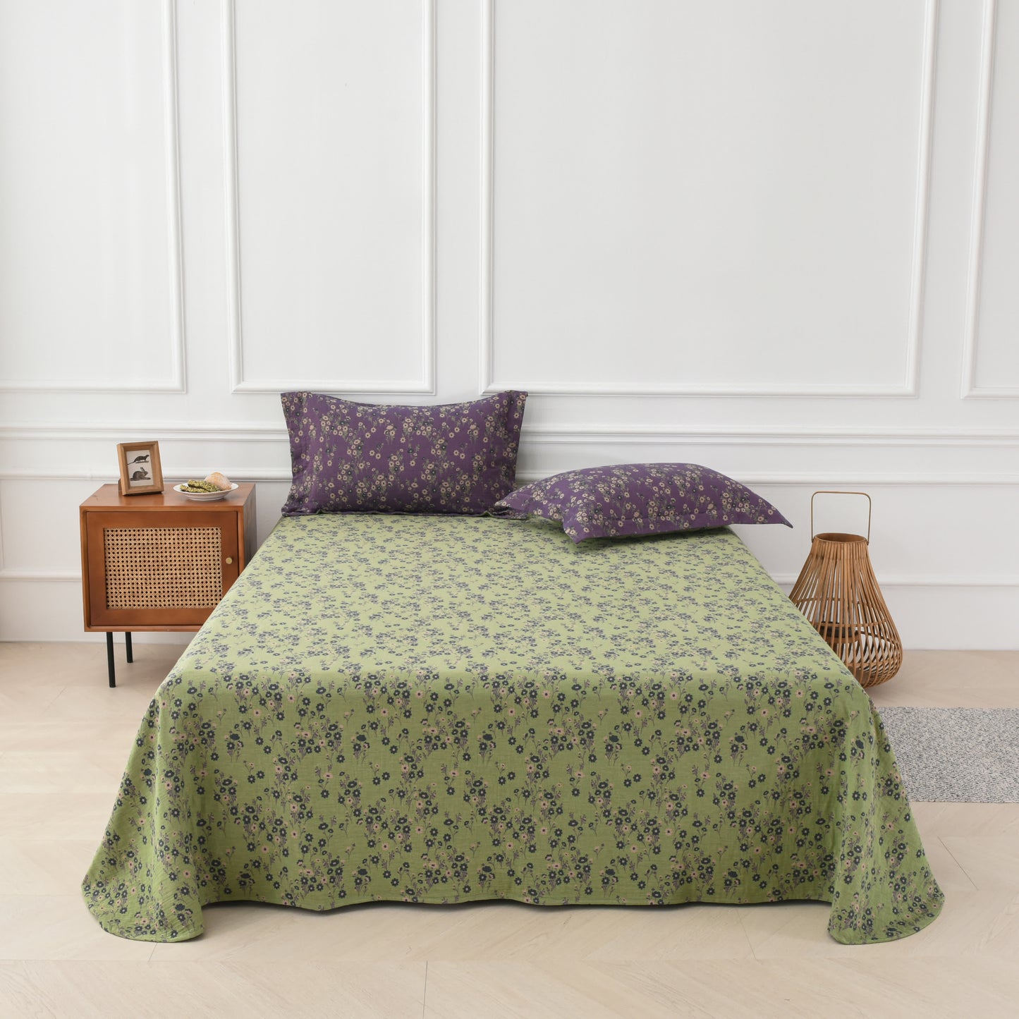 Parure de lit réversible en gaze de coton à motif floral (4 pièces)