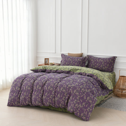 Parure de lit réversible en gaze de coton à motif floral (4 pièces)