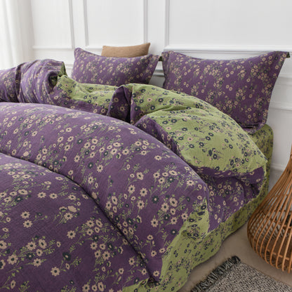 Parure de lit réversible en gaze de coton à motif floral (4 pièces)