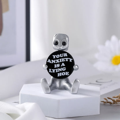 Petite statue de robot en résine avec slogan
