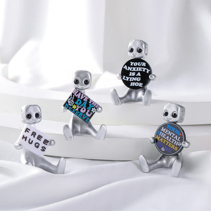 Petite statue de robot en résine avec slogan