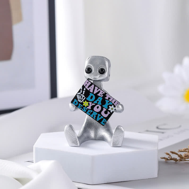Petite statue de robot en résine avec slogan