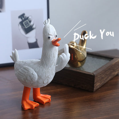 Décoration amusante en résine représentant un canard avec un doigt d'honneur