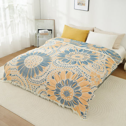 Couette à pompons et gaze de coton à motif de tournesols en fleurs