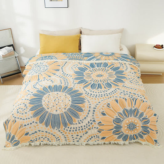 Couette à pompons et gaze de coton à motif de tournesols en fleurs