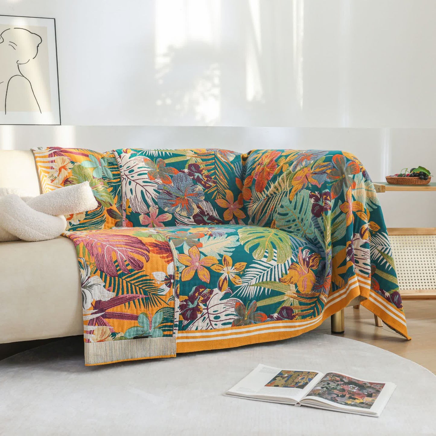 Couette en gaze de coton vibrante avec fleurs et feuilles