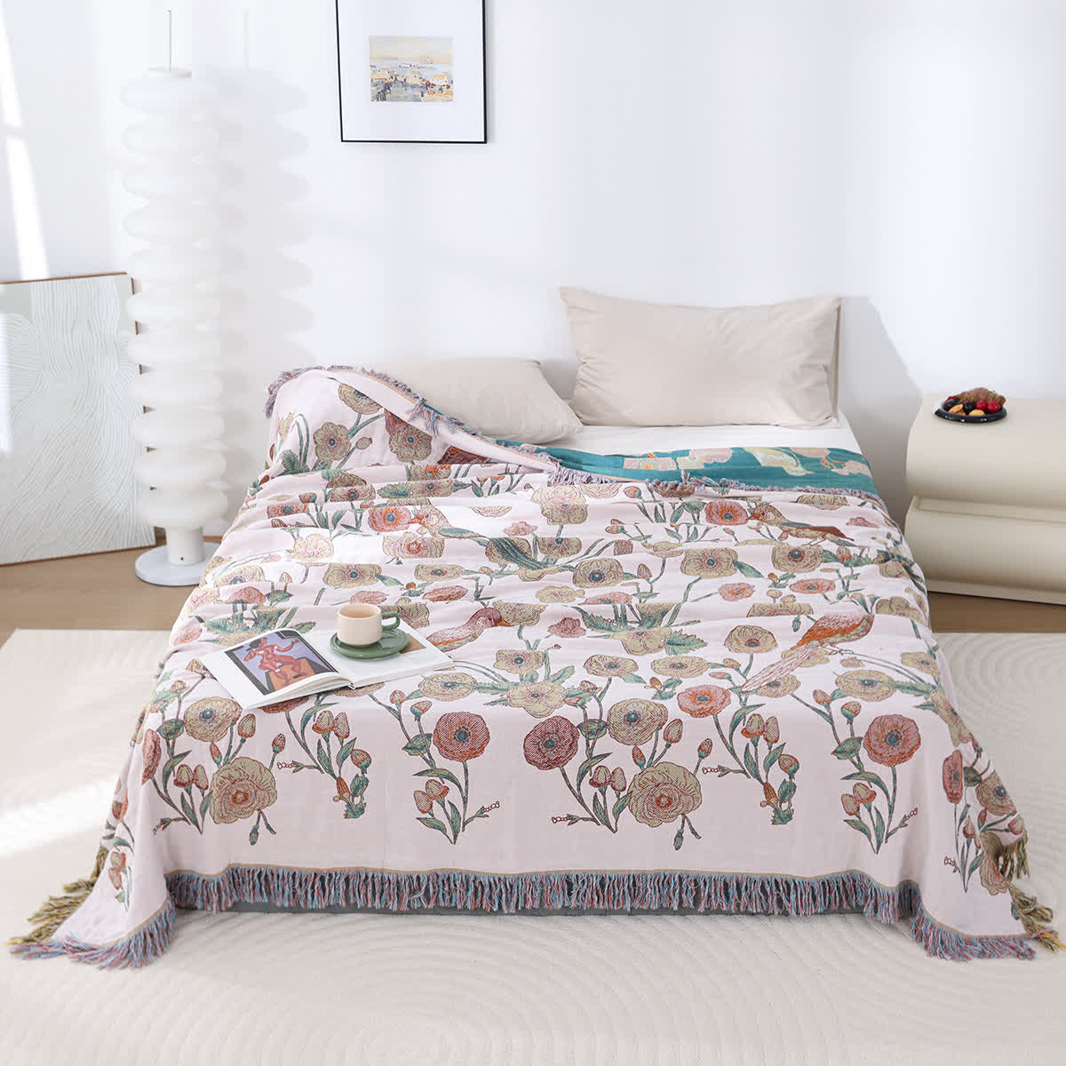Couette légère en gaze de coton à imprimé floral et oiseaux