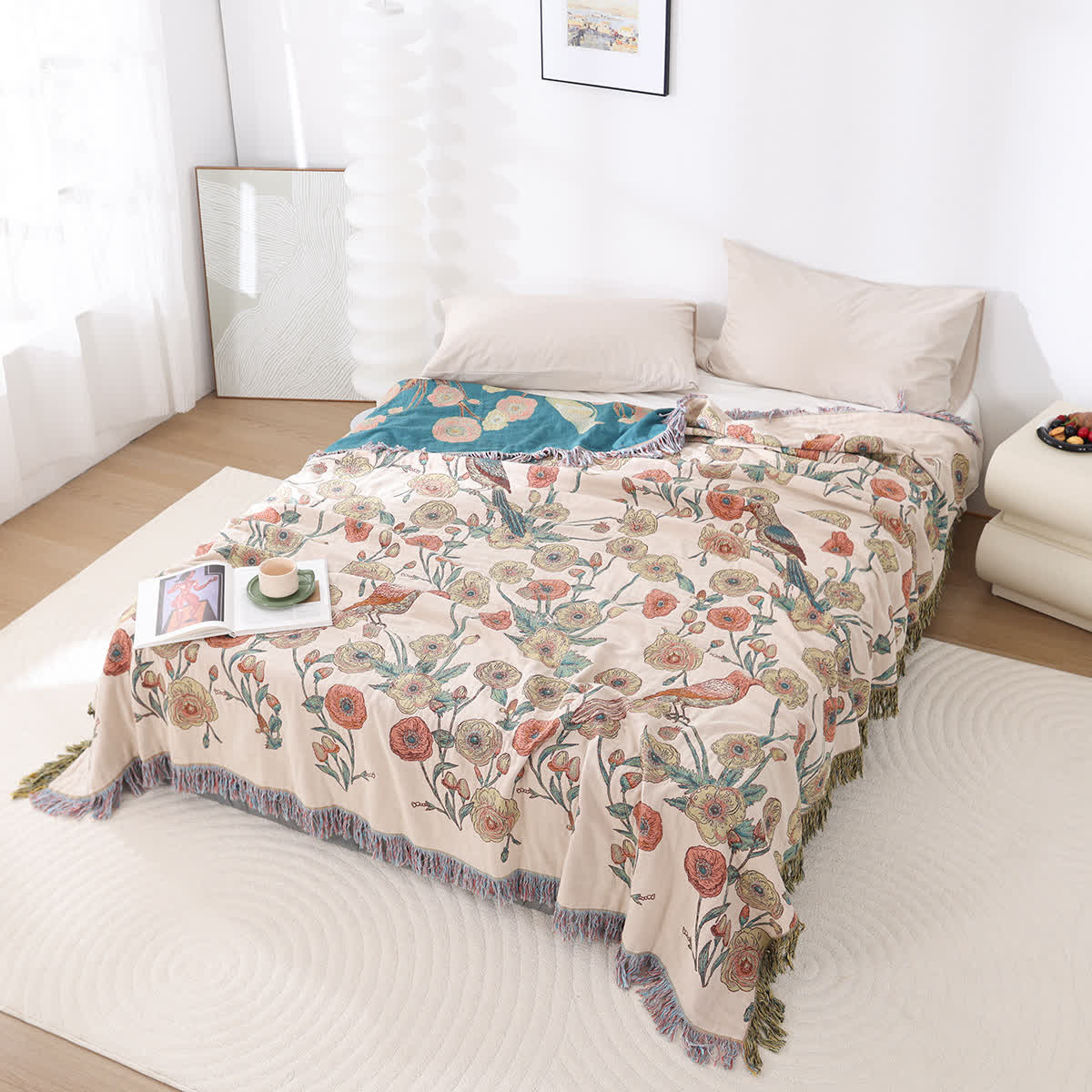 Couette légère en gaze de coton à imprimé floral et oiseaux