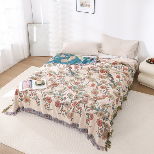 Couette légère en gaze de coton à imprimé floral et oiseaux