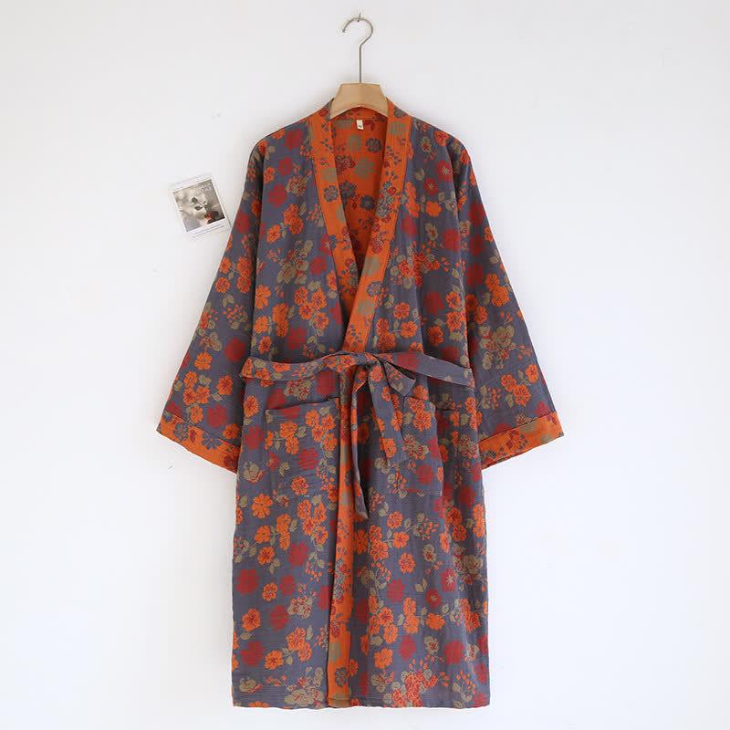 Peignoir en gaze de coton style kimono à motif floral jacquard