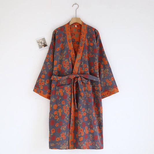 Peignoir en gaze de coton style kimono à motif floral jacquard