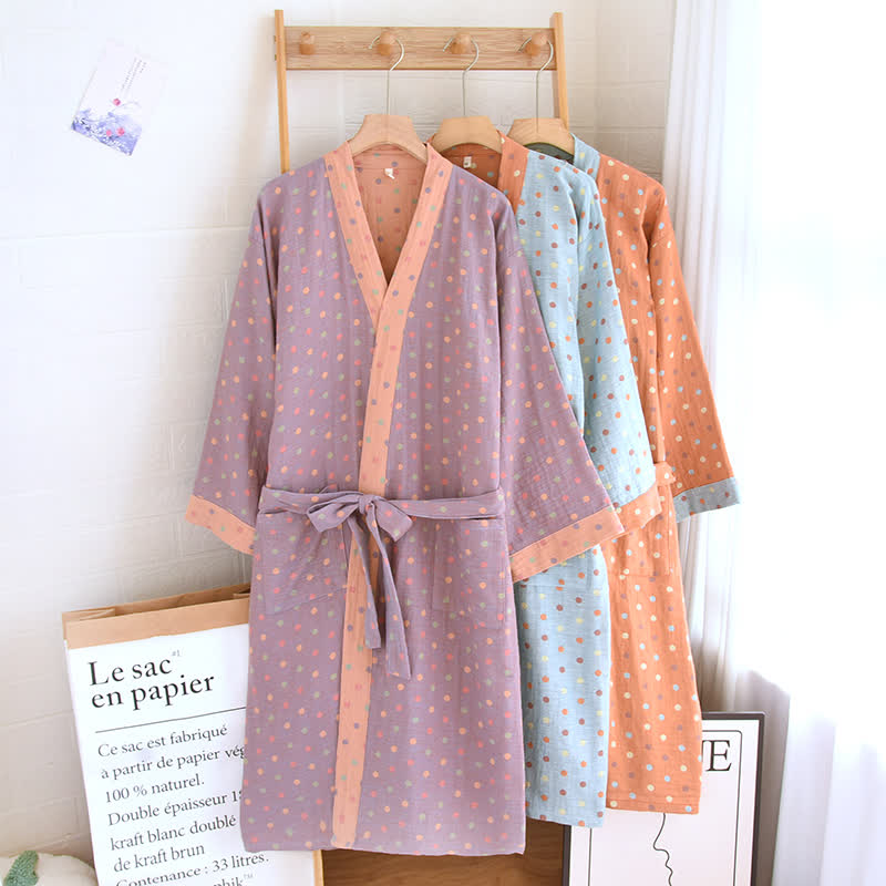 Peignoir kimono en gaze de coton à pois colorés