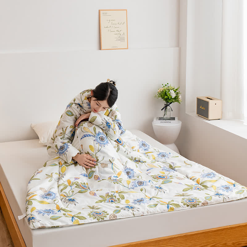 Couverture-oreiller portable avec motif floral et manches
