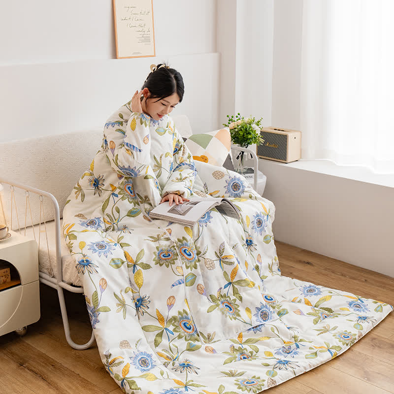Couverture-oreiller portable avec motif floral et manches