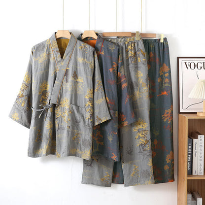 Ensemble pyjama kimono en coton neutre avec motif paysage