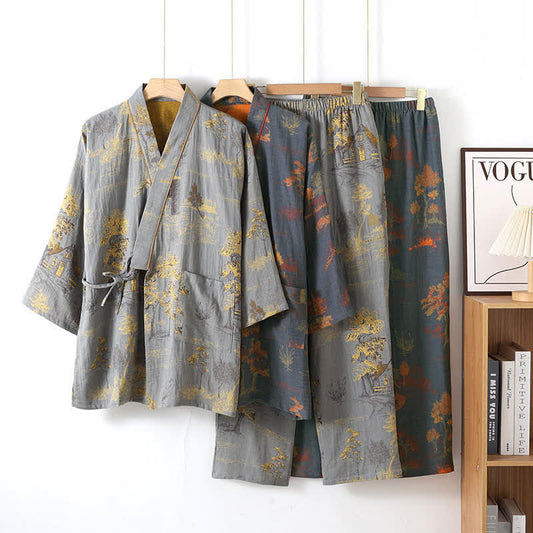 Ensemble pyjama kimono en coton neutre avec motif paysage