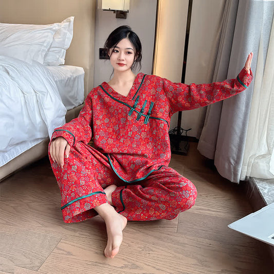 Ensemble pyjama oversize en coton rose avec bouton grenouille