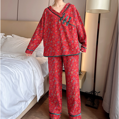 Ensemble pyjama oversize en coton rose avec bouton grenouille