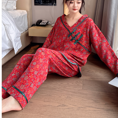 Ensemble pyjama oversize en coton rose avec bouton grenouille
