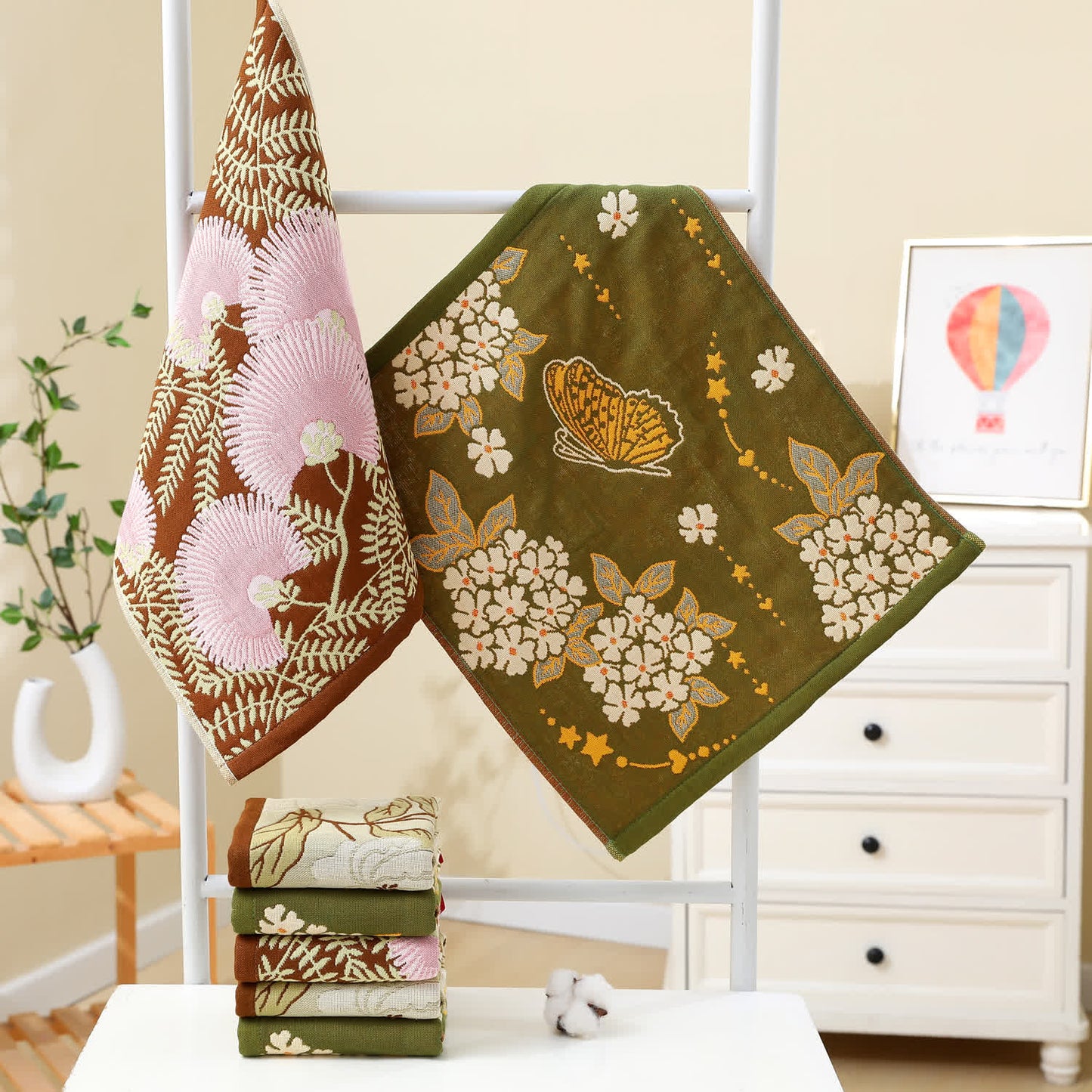 Torchon de cuisine en gaze de coton jacquard à motif floral rétro