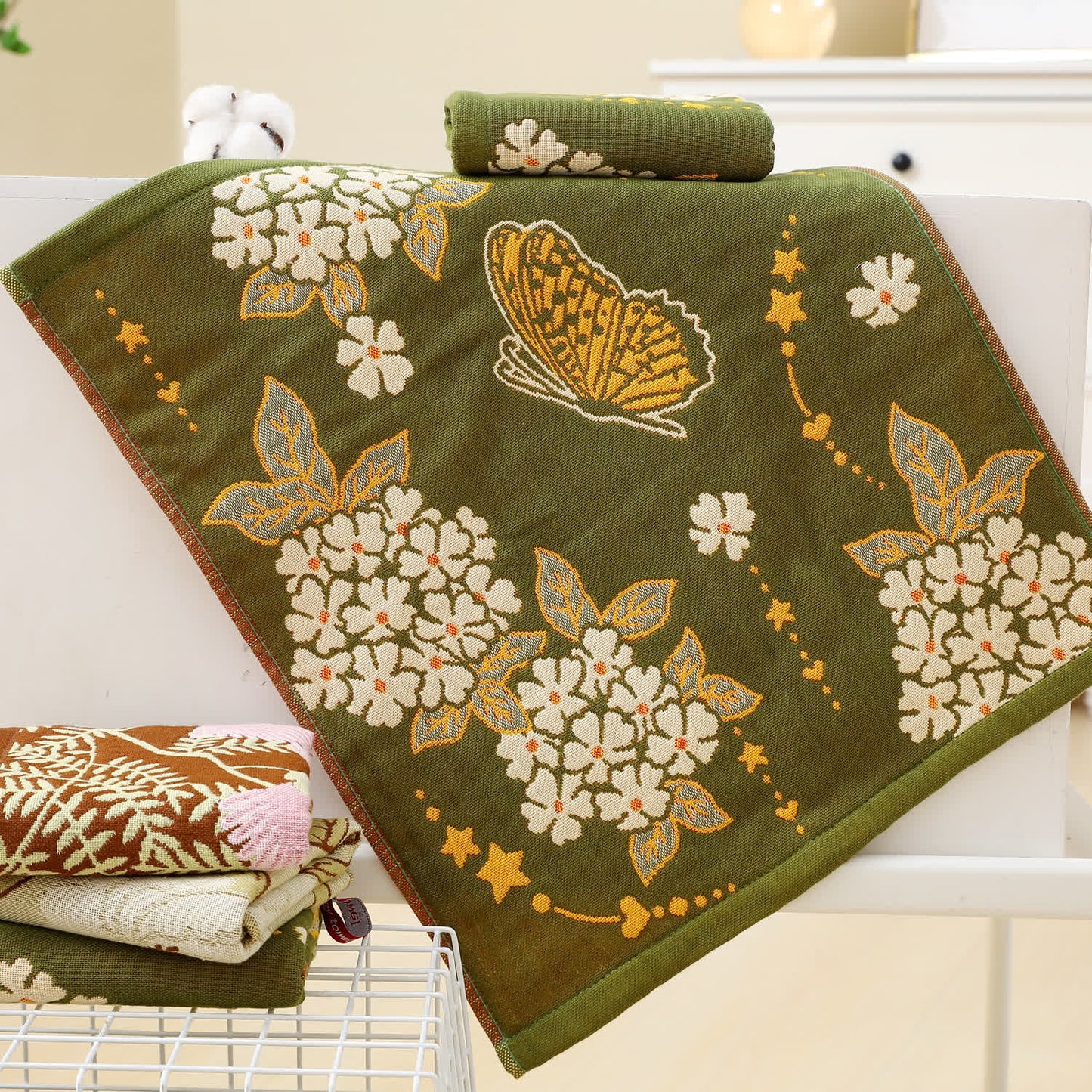 Torchon de cuisine en gaze de coton jacquard à motif floral rétro