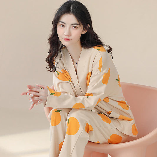 Ensemble pyjama col V en coton Country orange
