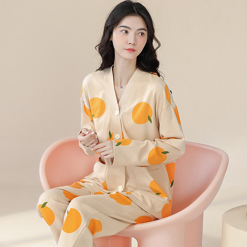 Ensemble pyjama col V en coton Country orange