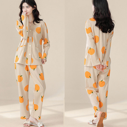 Ensemble pyjama col V en coton Country orange