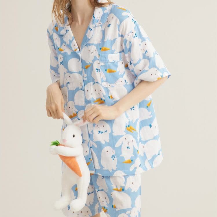 Ensemble de nuit mignon en gaze de coton avec motif lapin