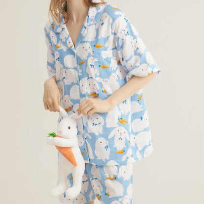Ensemble de nuit mignon en gaze de coton avec motif lapin