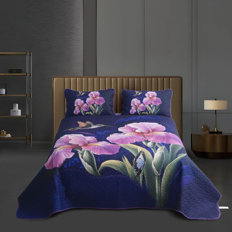Parure de lit matelassée douce avec motif de fleurs et d'oiseaux (3 pièces)