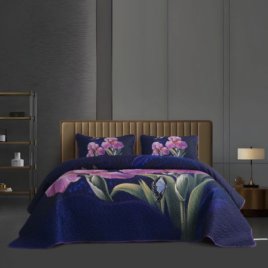 Parure de lit matelassée douce avec motif de fleurs et d'oiseaux (3 pièces)