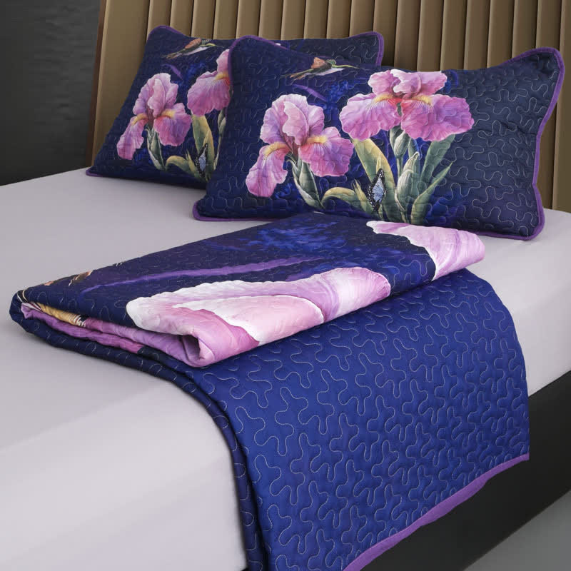 Parure de lit matelassée douce avec motif de fleurs et d'oiseaux (3 pièces)