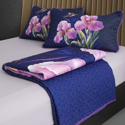 Parure de lit matelassée douce avec motif de fleurs et d'oiseaux (3 pièces)