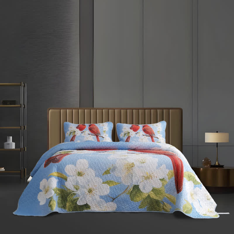 Parure de lit matelassée et respirante avec motif oiseaux gardénia (3 pièces)