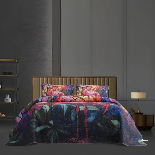 Parure de lit matelassée motif flamant tropical (3 pièces)