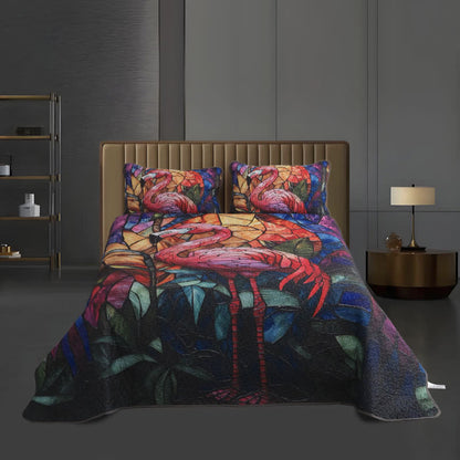 Parure de lit matelassée motif flamant tropical (3 pièces)