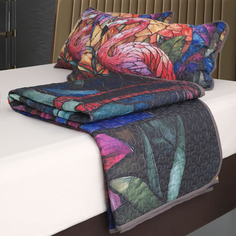 Parure de lit matelassée motif flamant tropical (3 pièces)