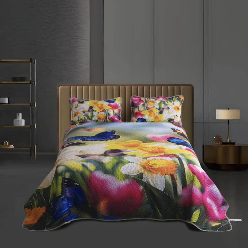 Parure de lit florale légère et matelassée colorée (3 pièces)