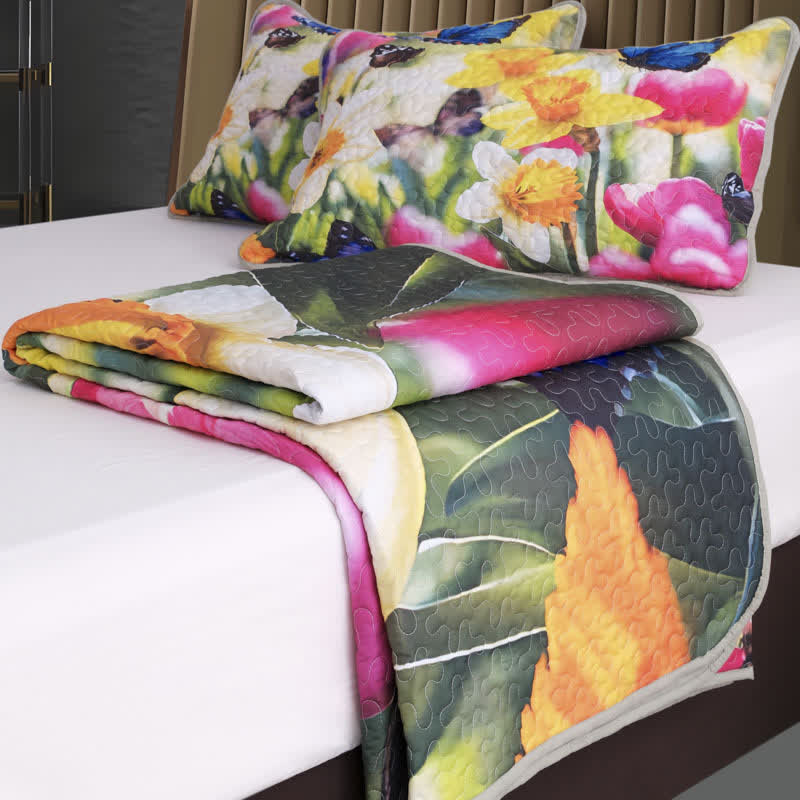Parure de lit florale légère et matelassée colorée (3 pièces)