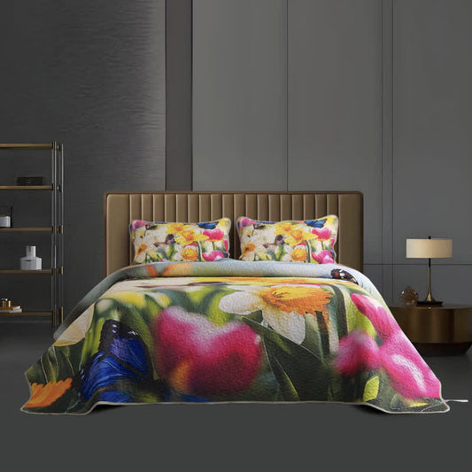 Parure de lit florale légère et matelassée colorée (3 pièces)