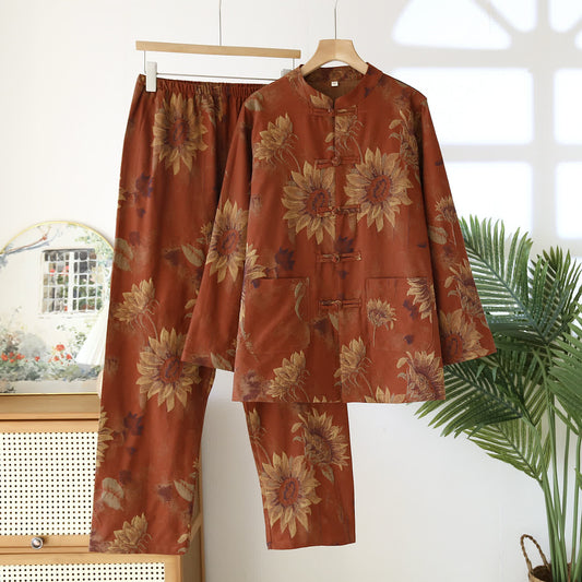 Ensemble pyjama rétro à col montant et motif tournesol pour couple
