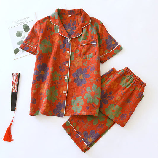 Ensemble pyjama en coton à manches courtes avec motif floral jacquard