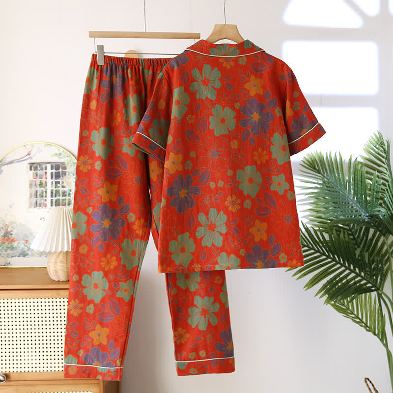 Ensemble pyjama en coton à manches courtes avec motif floral jacquard
