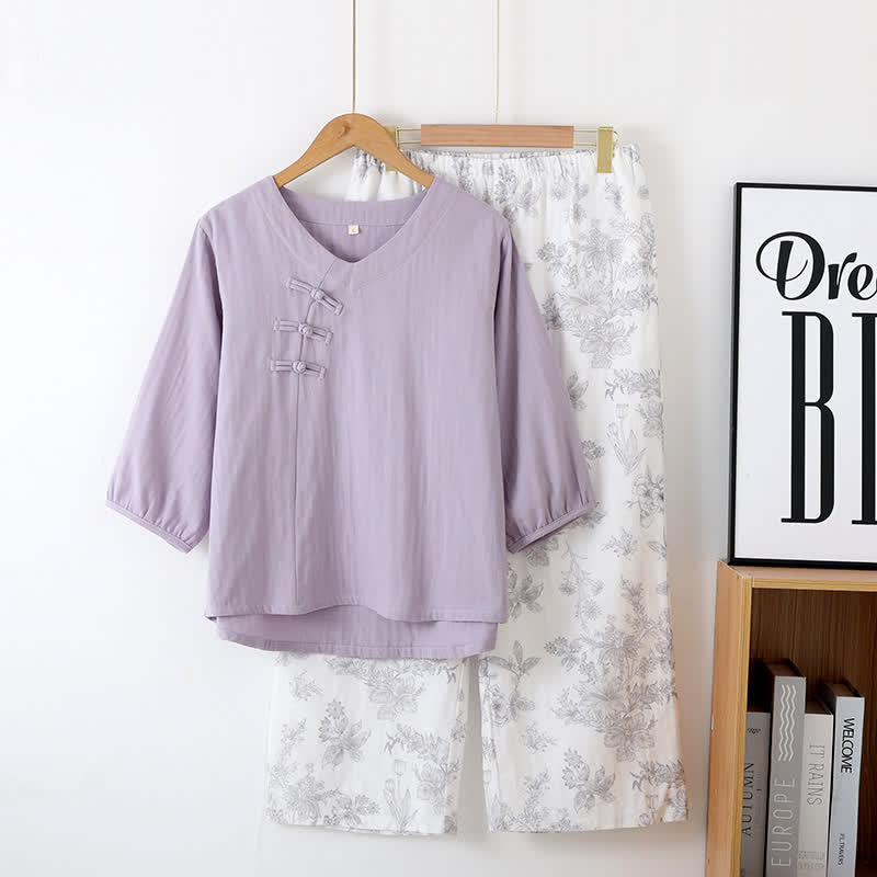 Ensemble pyjama en coton à motif floral et manches trois-quarts