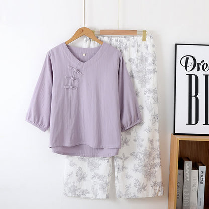Ensemble pyjama en coton à motif floral et manches trois-quarts