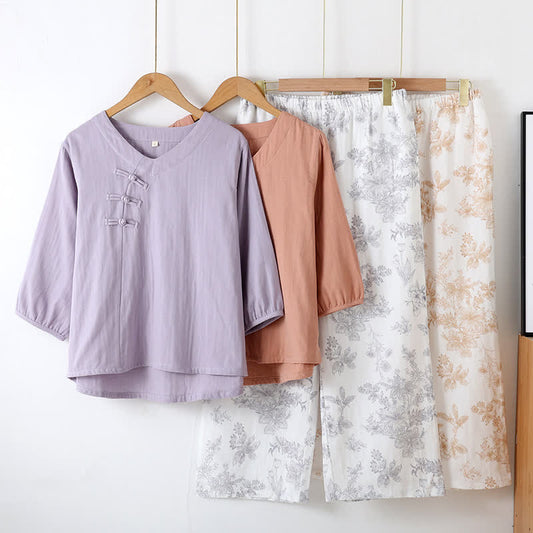 Ensemble pyjama en coton à motif floral et manches trois-quarts