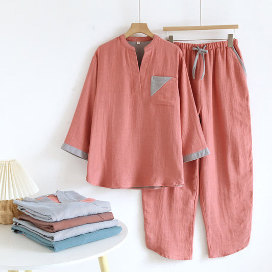 Ensemble pyjama en gaze de coton double épaisseur avec motif à blocs de couleurs